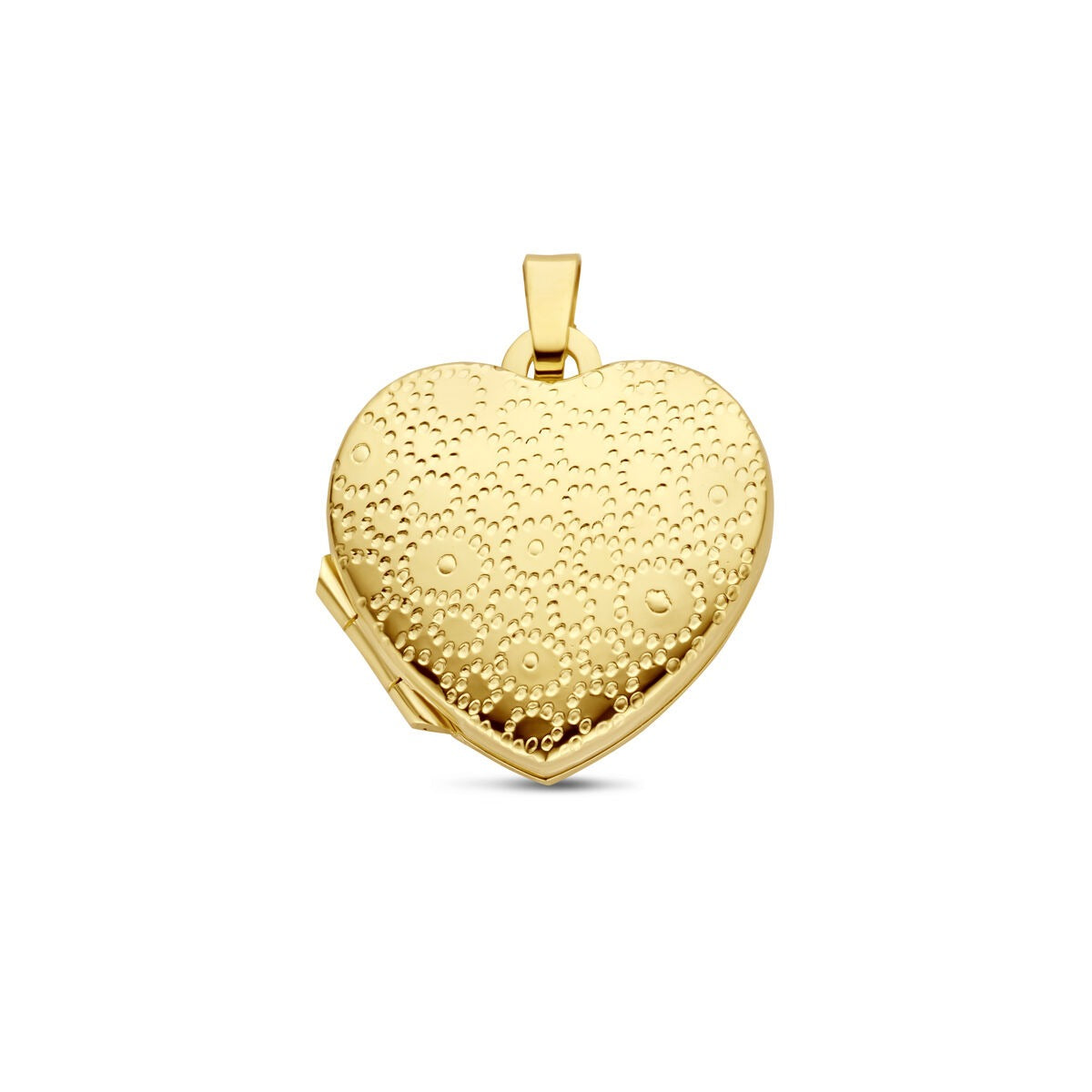 Hartvormig medaillon van 14k geelgoud met een gegraveerd bloemenpatroon.