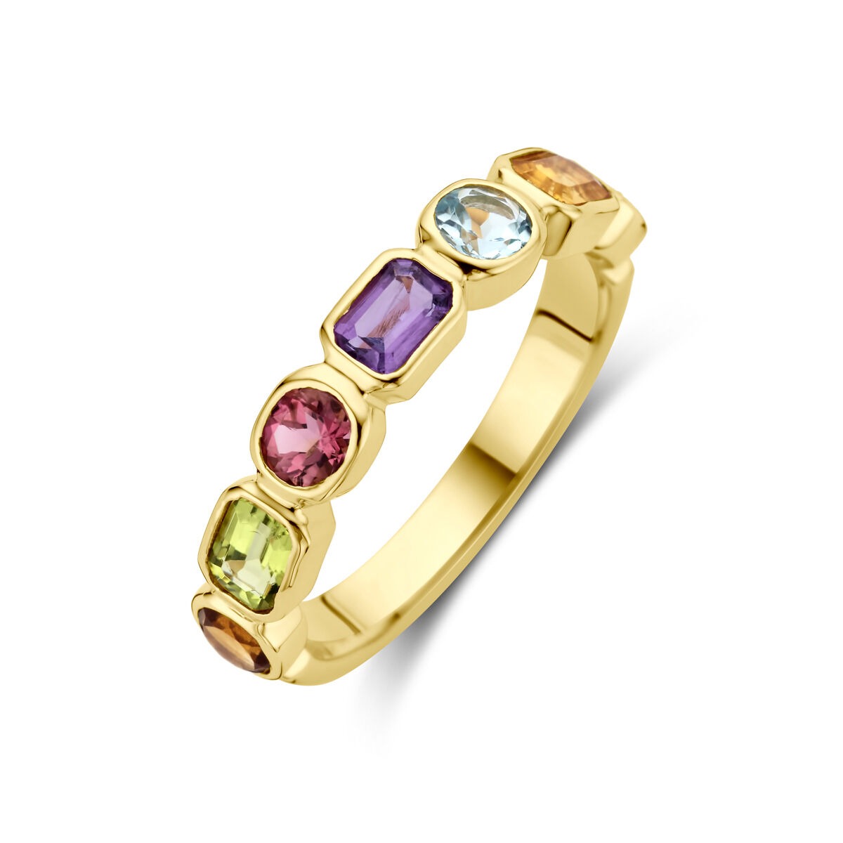 Anello in oro giallo 14k con ametista, topazio, citrino e peridoto, con pietre di diverse forme.