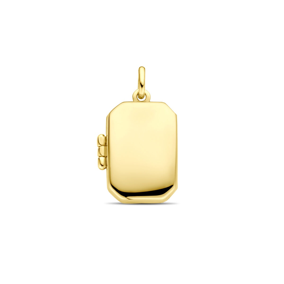 Ciondolo ovale in oro giallo 14k con finitura lucida e chiusura laterale.