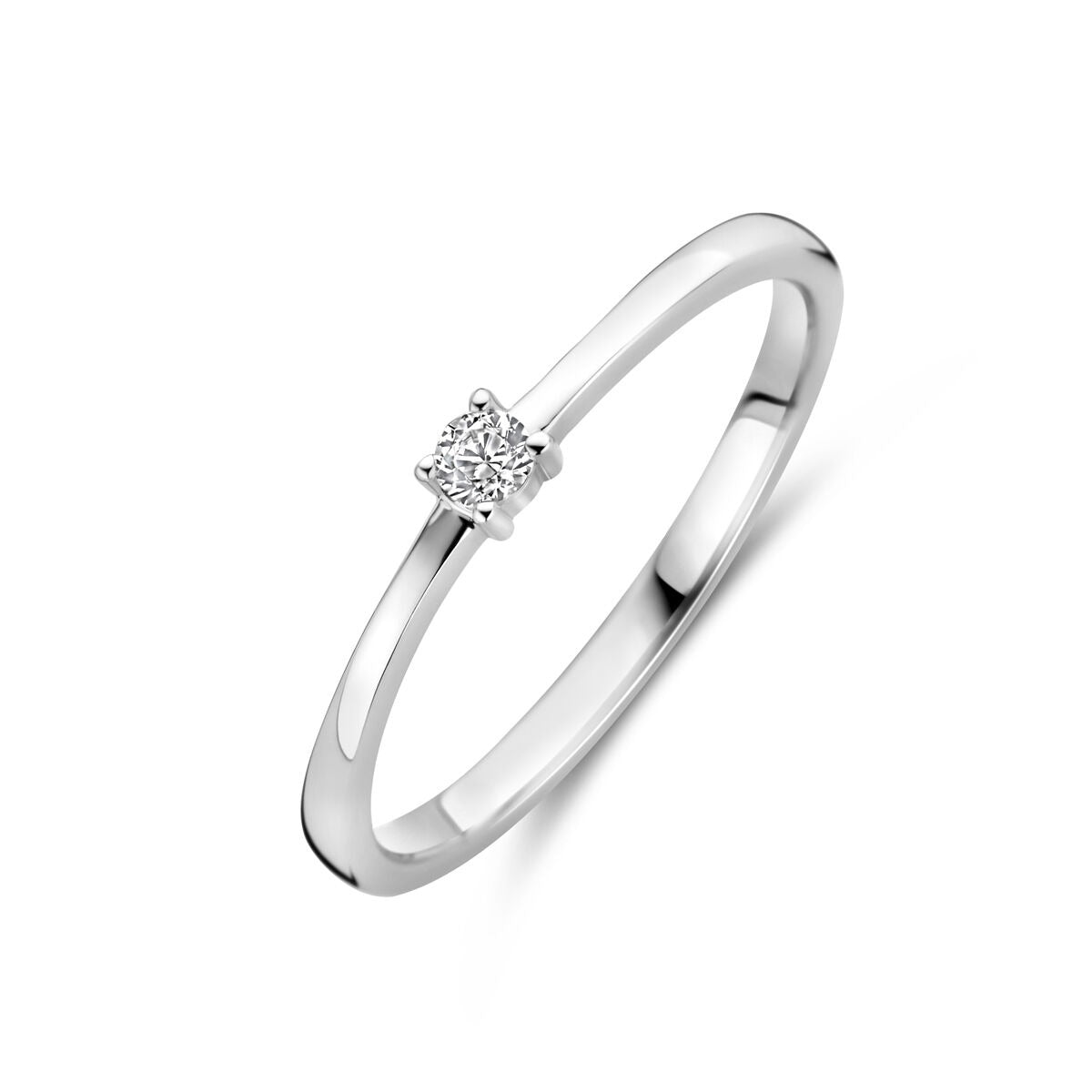 Anello da donna in argento rodiato 925, largo 2,5 mm, con zircone centrale.