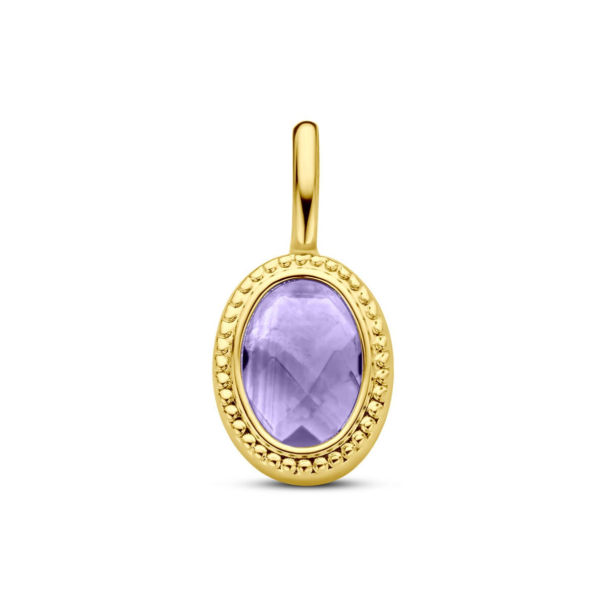 Ciondolo in oro giallo 14k con ametista, forma ovale e finitura decorativa.