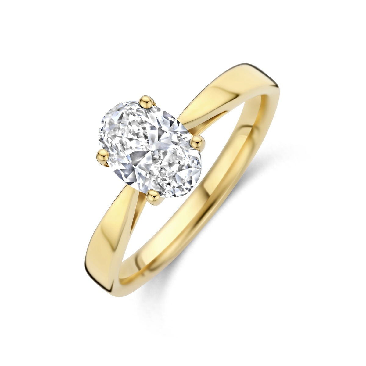 Anello in oro giallo 14k con diamante lab-grown, design a doppia pietra ovale.