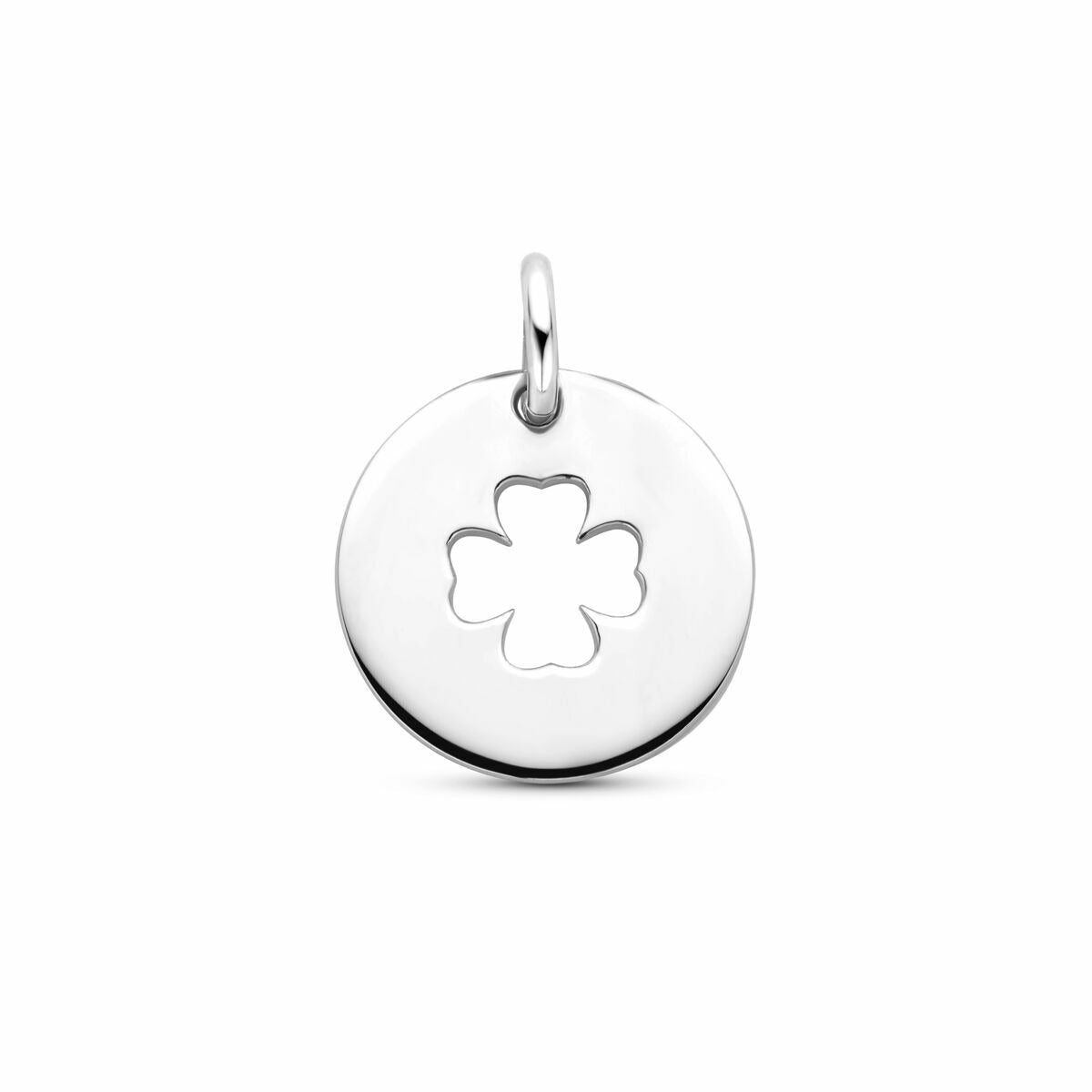 Ciondolo rotondo in argento sterling 925 rodiato con motivo di quadrifoglio intagliato.