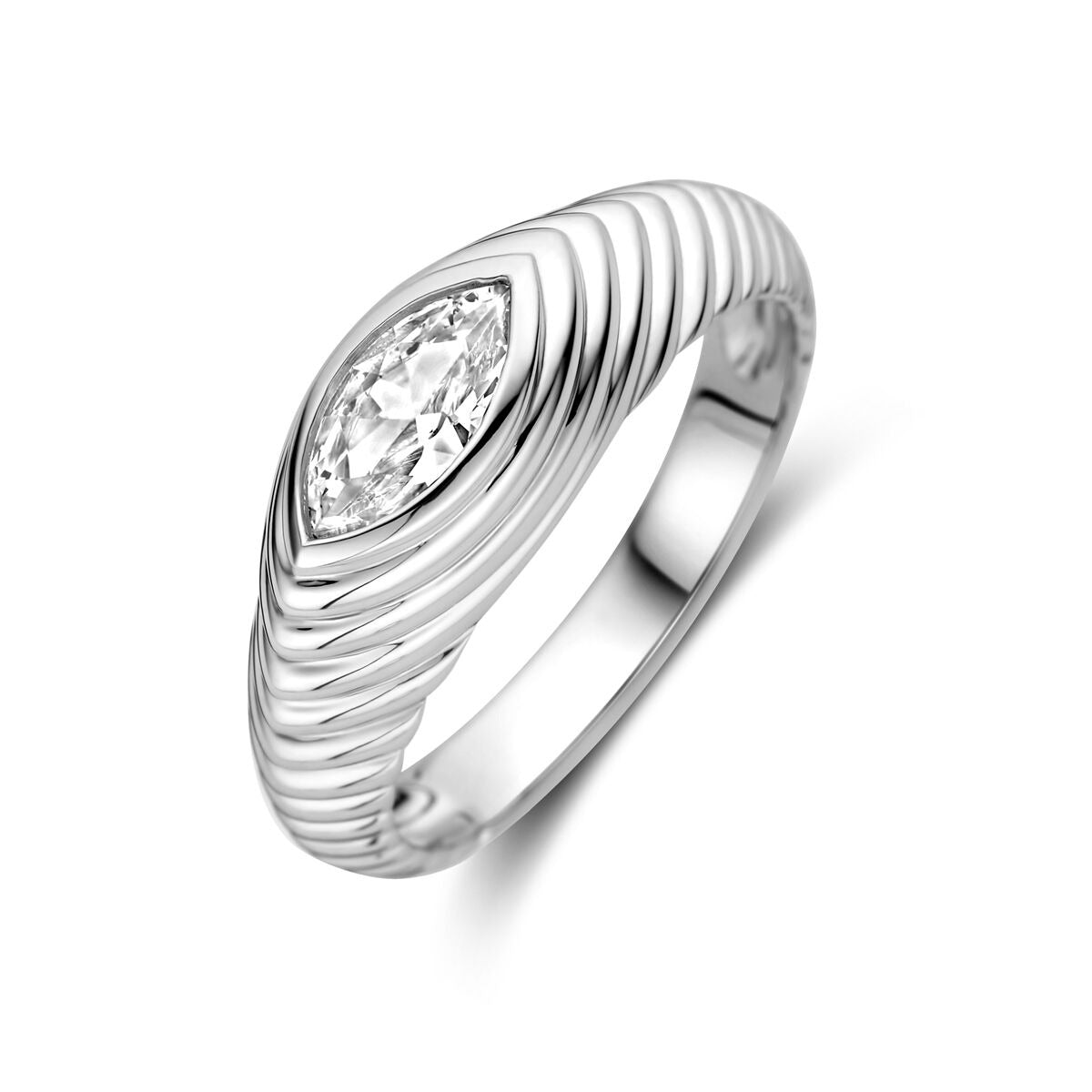 Anello da donna in argento rodiato con zircone a forma di marquise, 7 mm di larghezza.