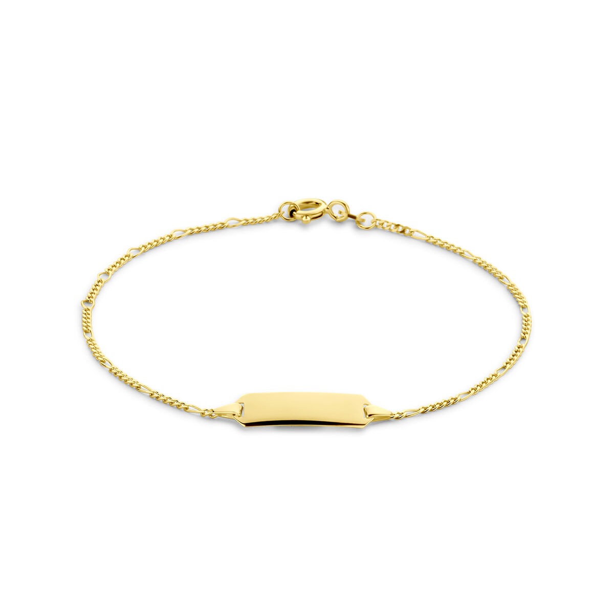 Bracciale in oro giallo 14k con catena figaro e placca per incisione.