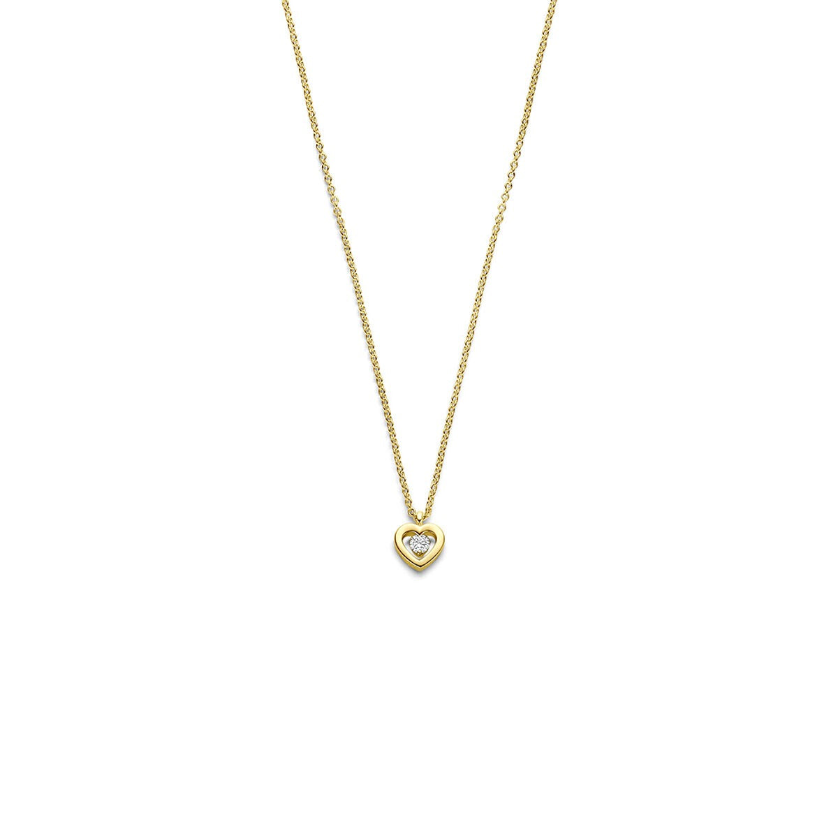 Collana in oro giallo 14k con ciondolo a forma di cuore e diamante.