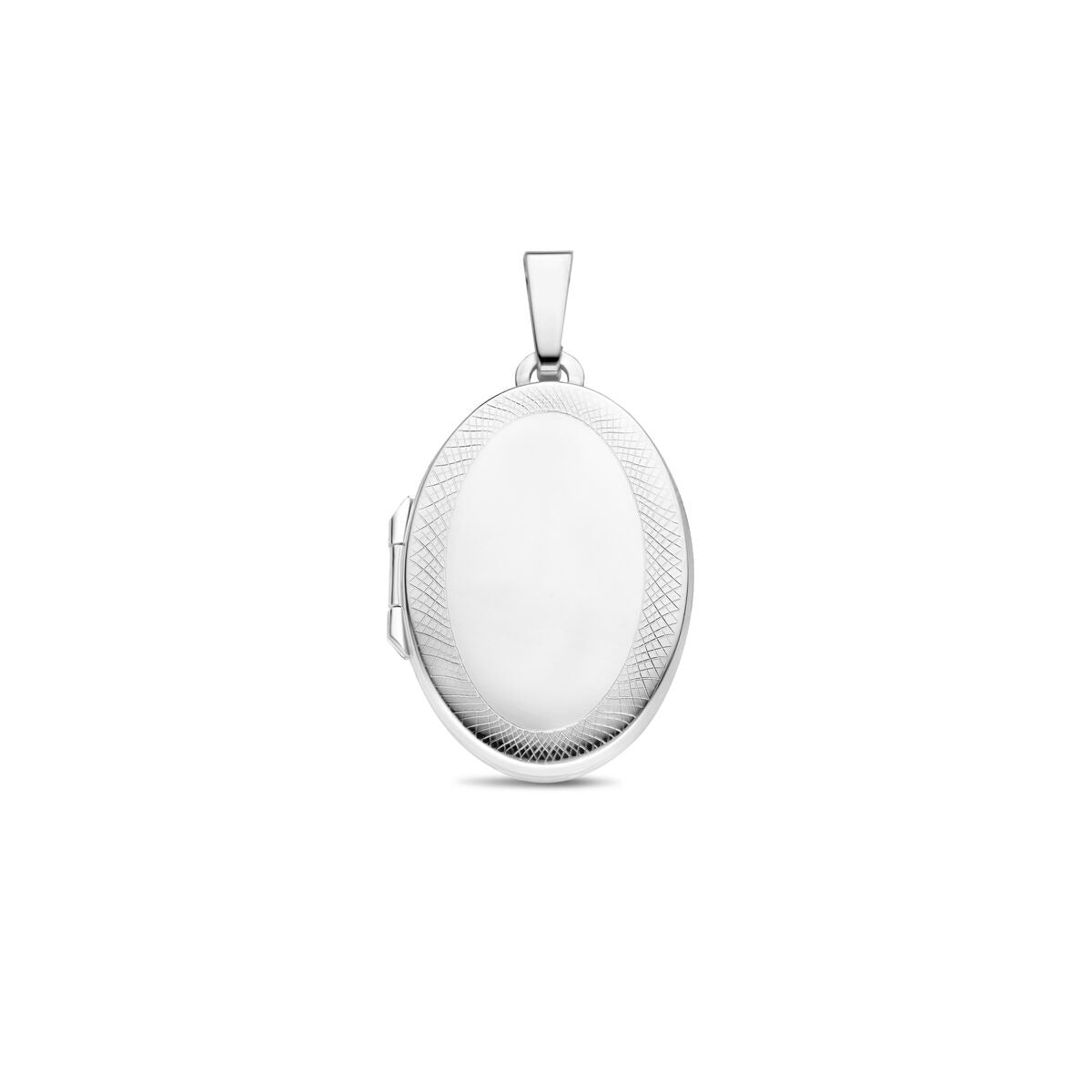 Ovaal zilveren medaillon van gerhodineerd 925 zilver met een gegraveerde rand.