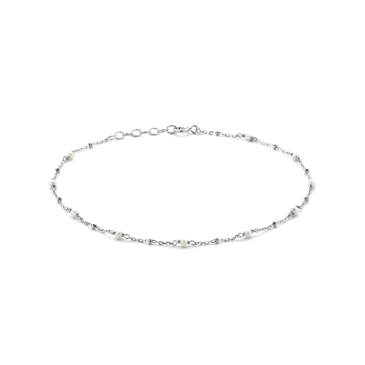 Bracciale alla caviglia in argento rodiato 925 con perle bianche, lunghezza 24-26 cm.