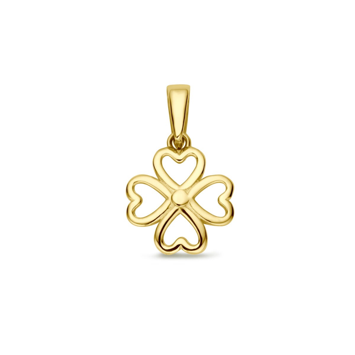 Ciondolo in oro giallo 14k a forma di quadrifoglio con cuori.