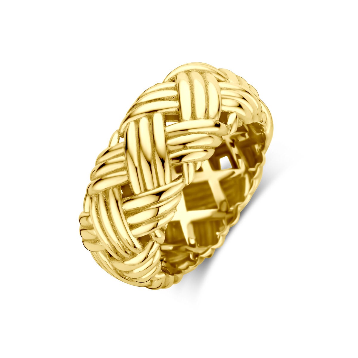 Anello da donna in oro giallo 14k, largo 10 mm, con design intrecciato.