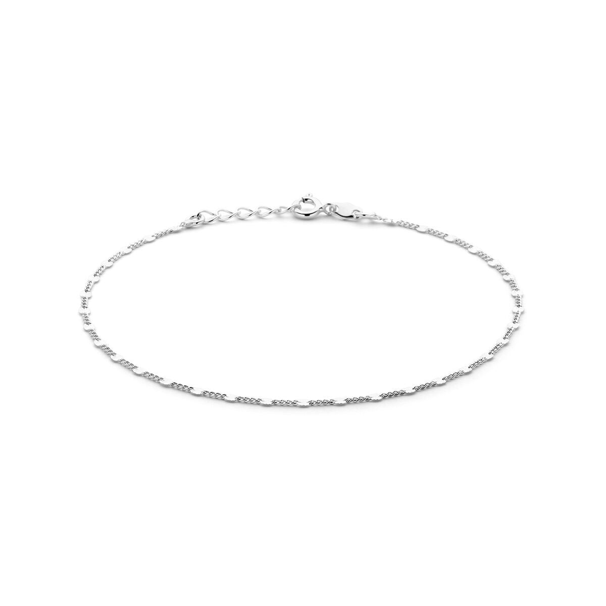 Bracciale alla caviglia in argento rodiato, lunghezza 24-26 cm, con maglie piatte e lucide.