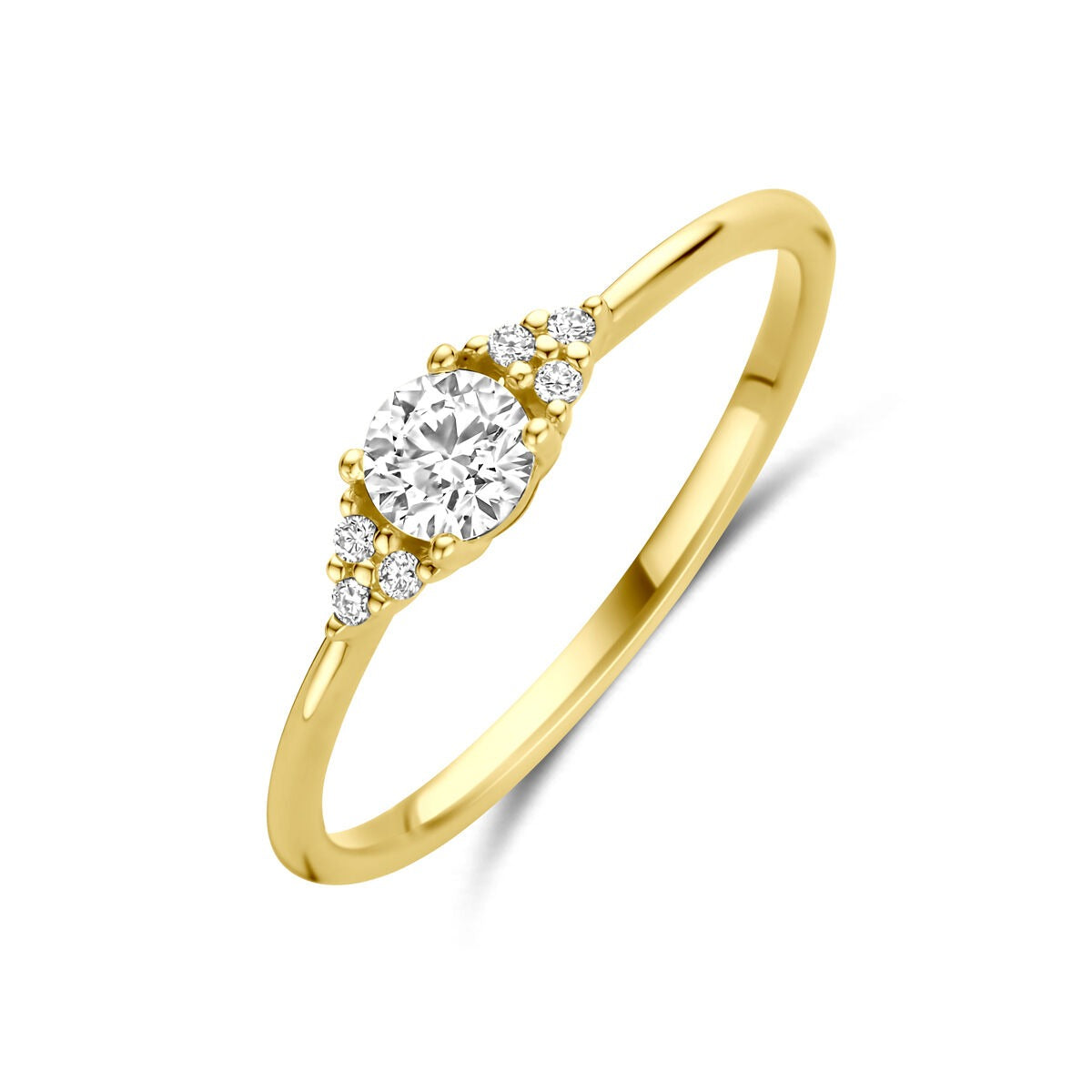 Anello da donna in oro giallo 14k con diamante solitario da 0,28 ct e dettagli brillanti.