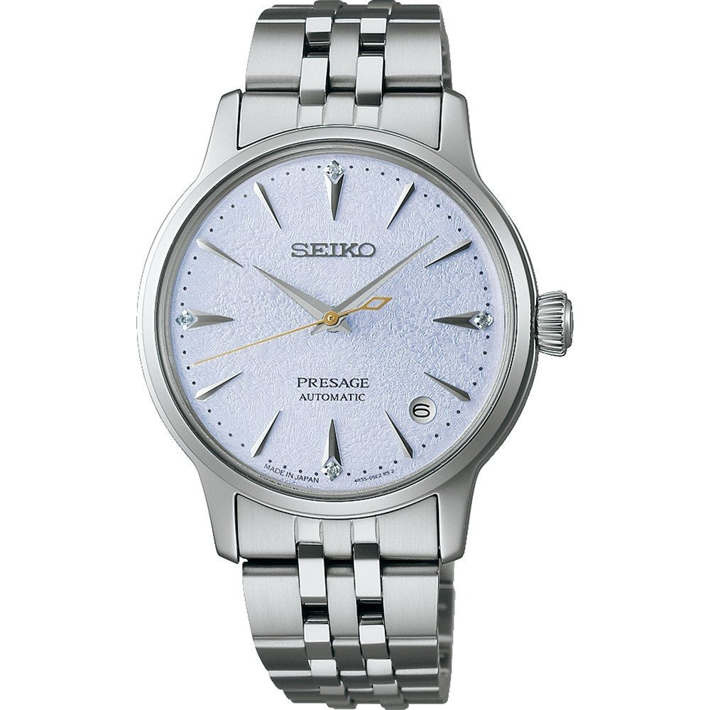 Orologio da donna Seiko Presage con cassa argentata, quadrante blu chiaro e bracciale in acciaio inox.