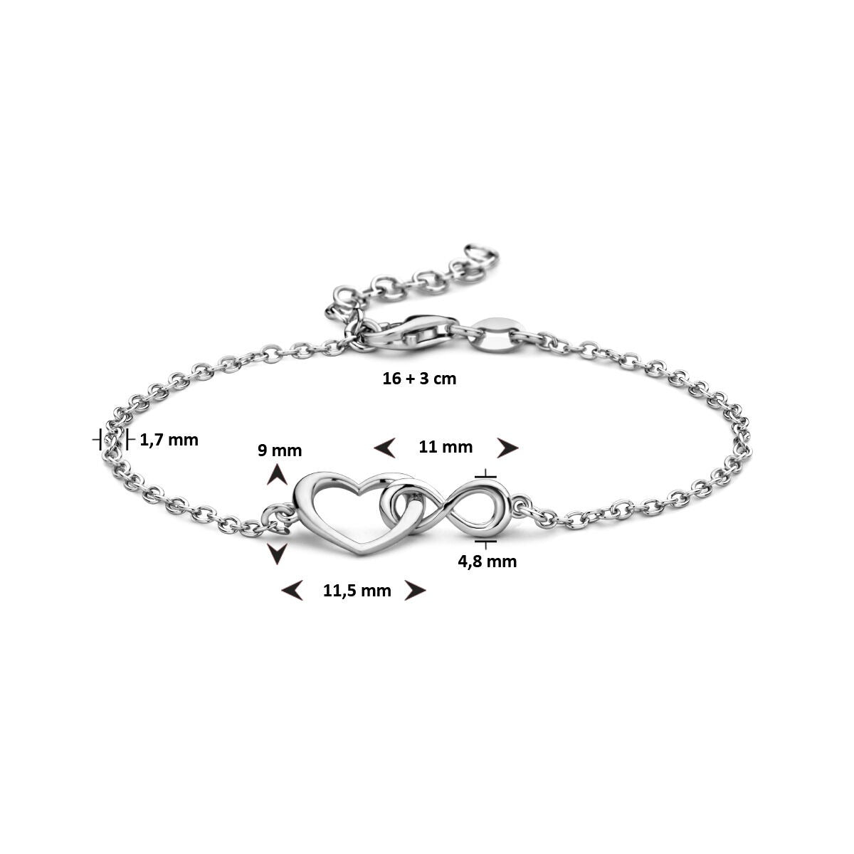 Bracciale in argento 925 rodiato con cuoricino e infinito