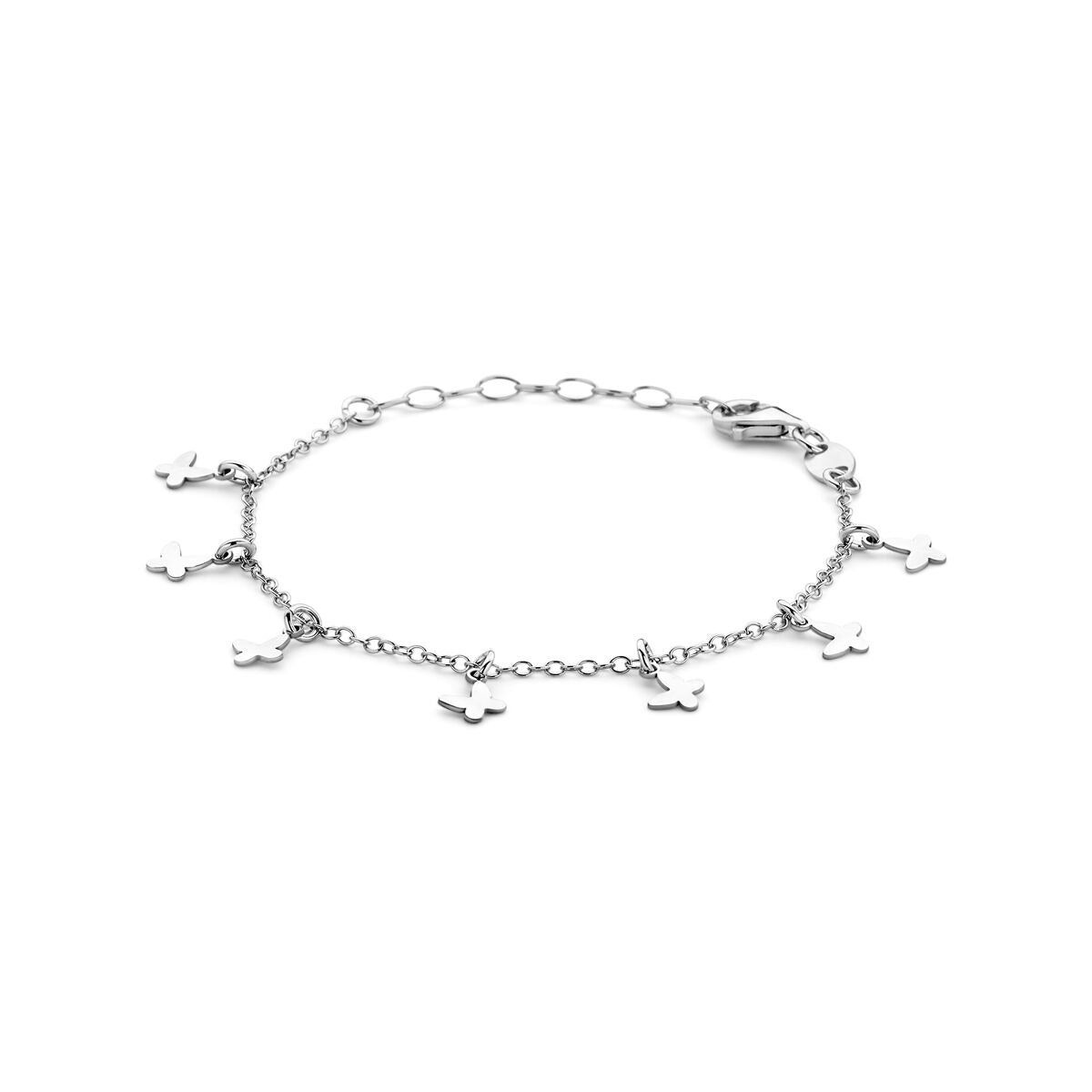Bracciale in argento rodiato con farfalle pendenti.