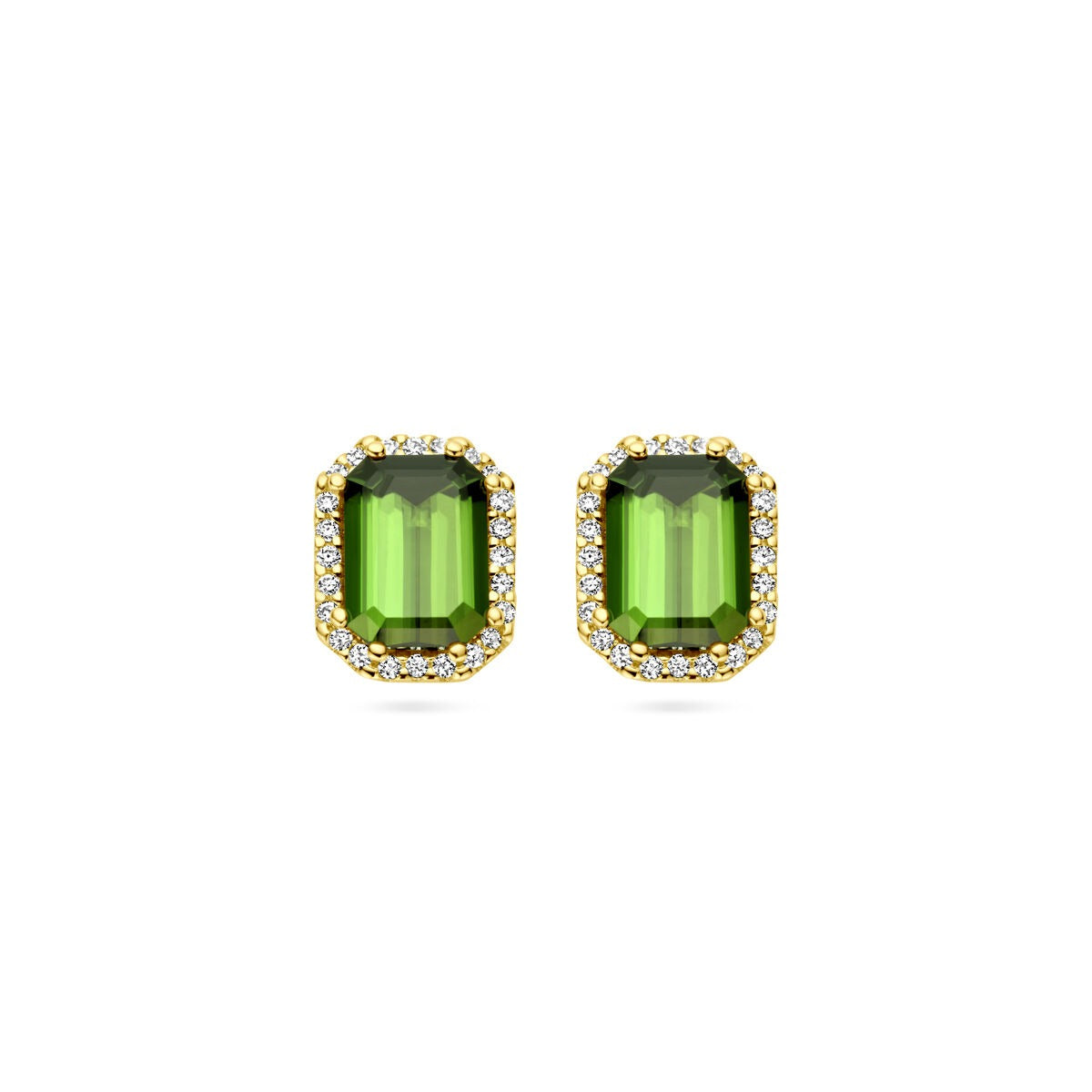 Orecchini in oro giallo 14k con toermalina verde e diamanti, forma rettangolare.