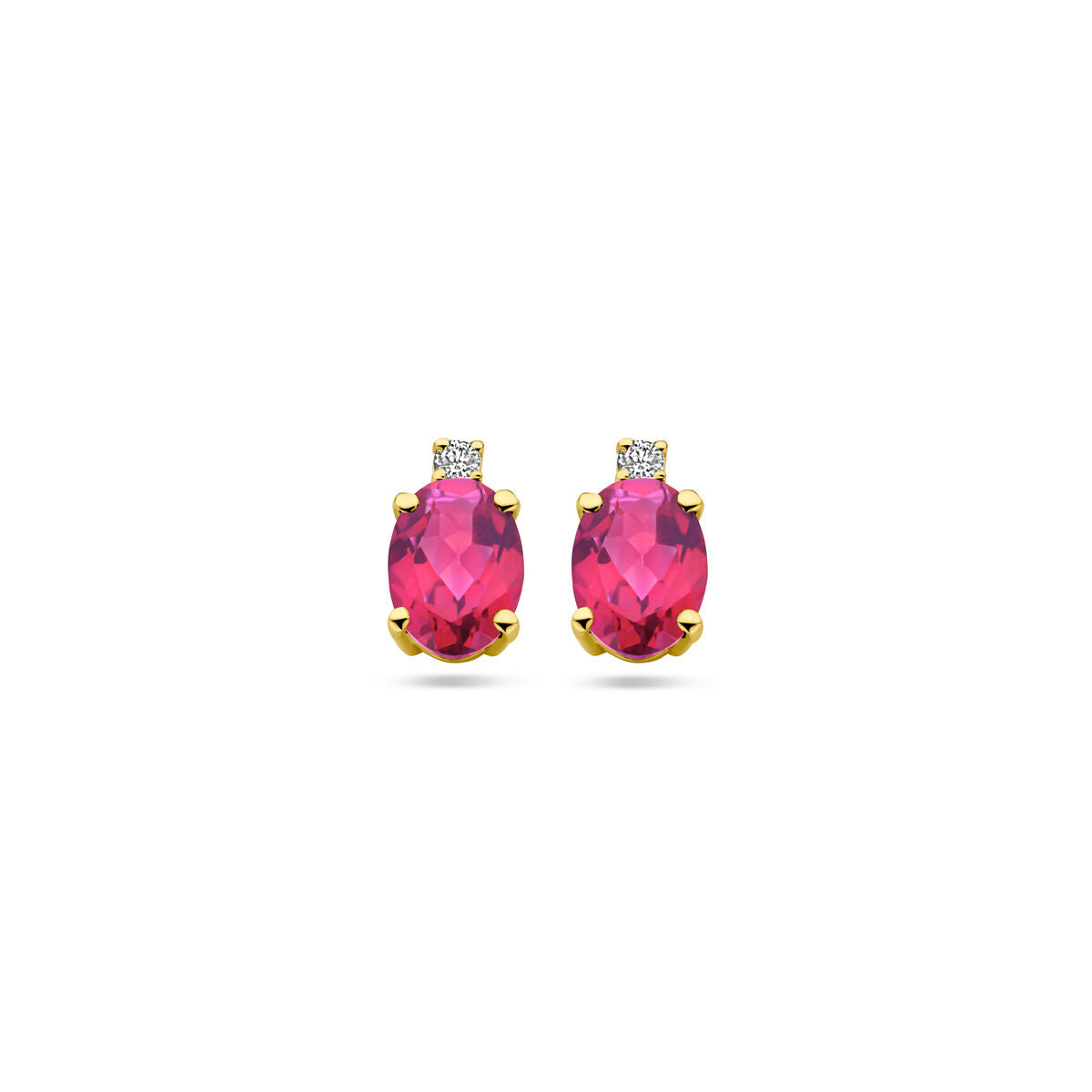 Orecchini in oro giallo 14k con topazio rosa e diamante, forma ovale.