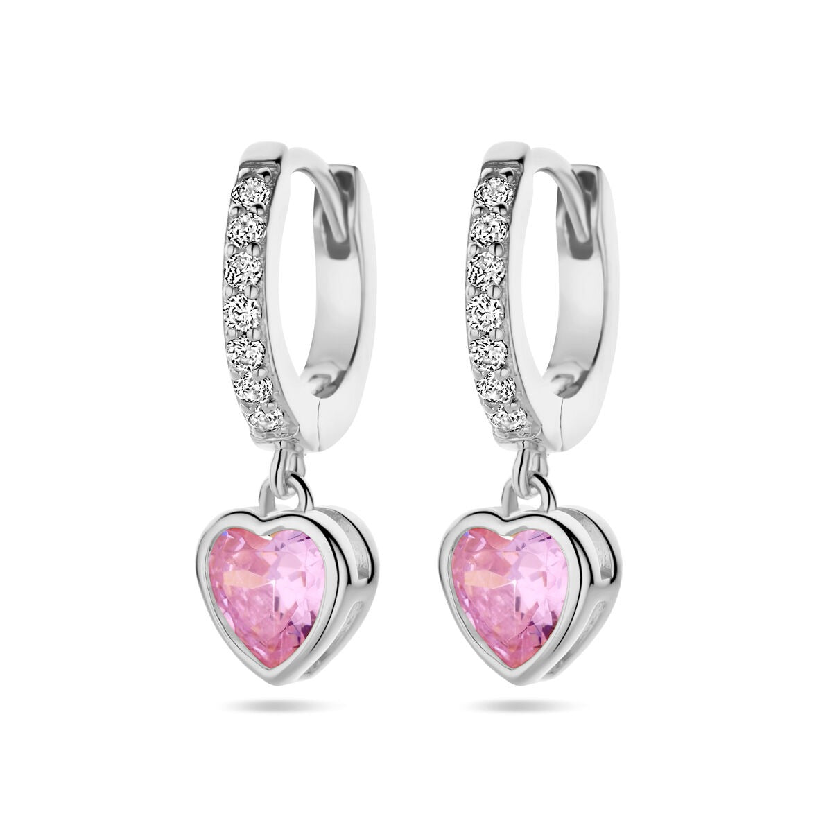 Orecchini in argento rodiato con zircone rosa a forma di cuore