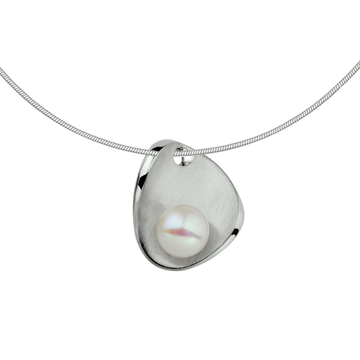 Collana in argento rodiato con pendente a forma irregolare e perla lucida.