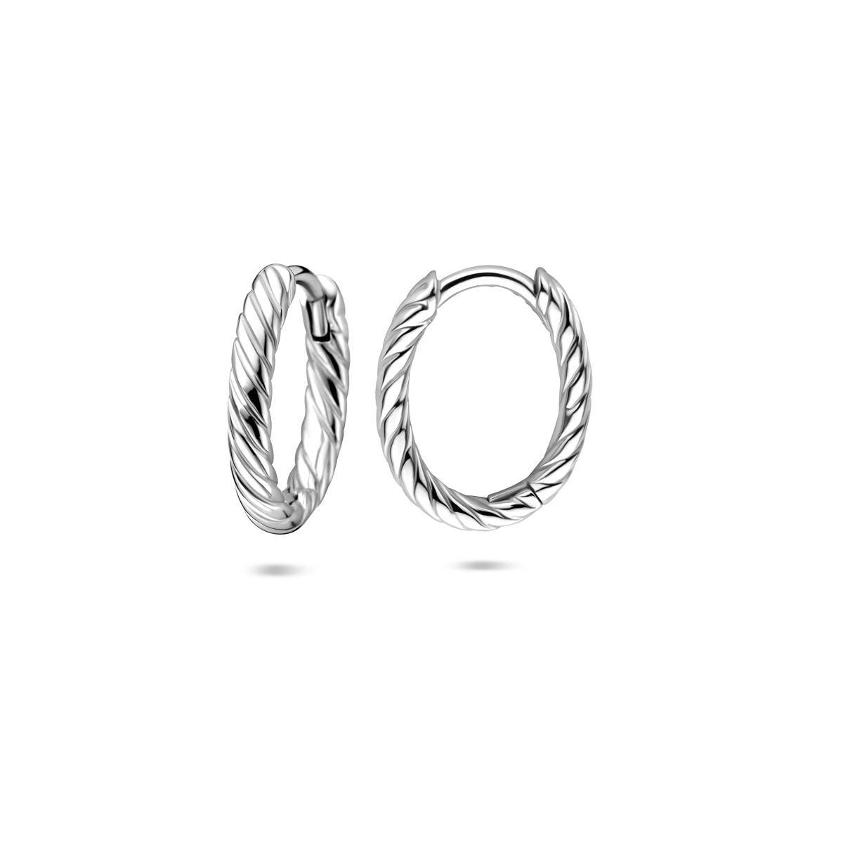 Orecchini a cerchio con chiusura a scatto attorcigliati in argento rodiato 14 mm