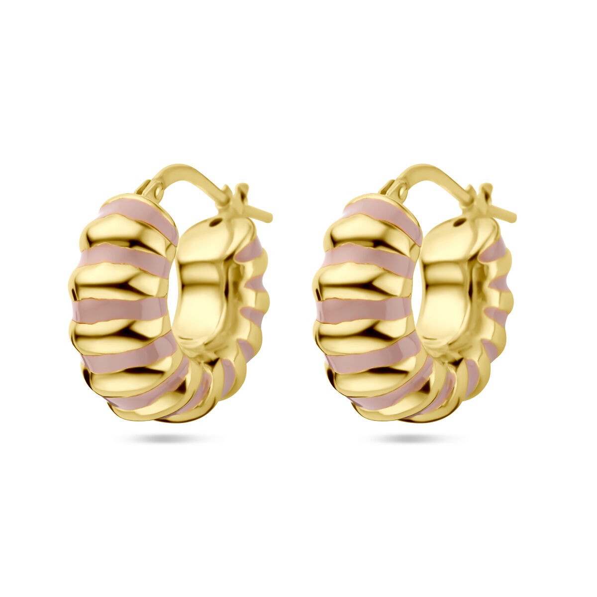 Orecchini alla creola argentati, placcati in oro giallo con smalto rosa.