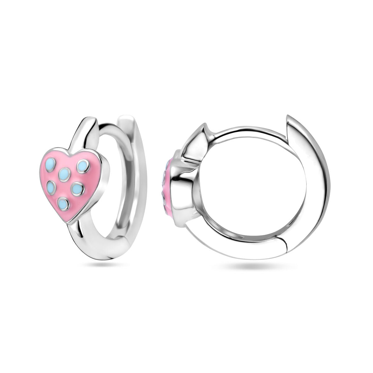 Orecchini a cerchio per bambini in argento con cuoricino smaltato rosa e turchese