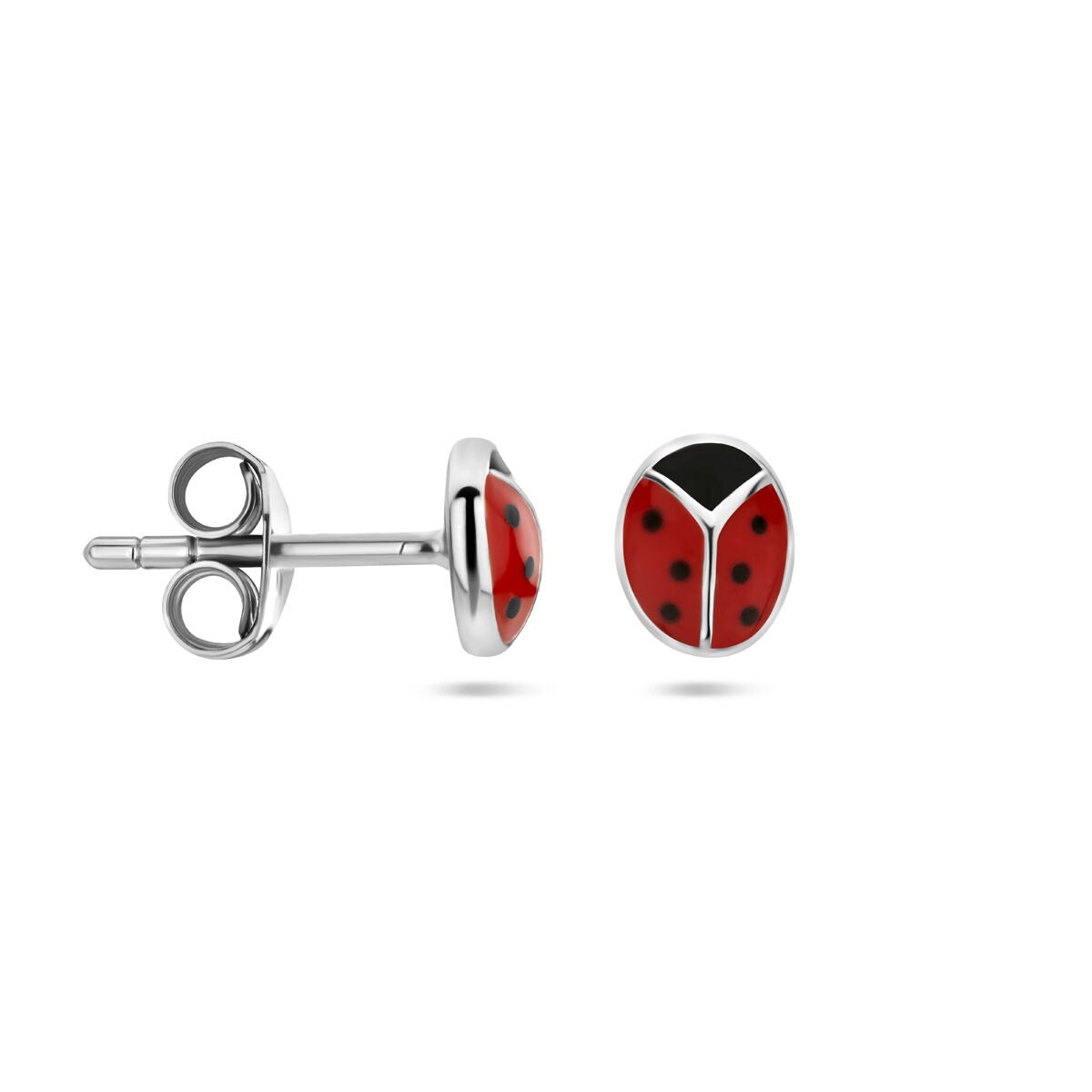 Orecchini da bambina in argento a forma di coccinella – rodiati con smalto