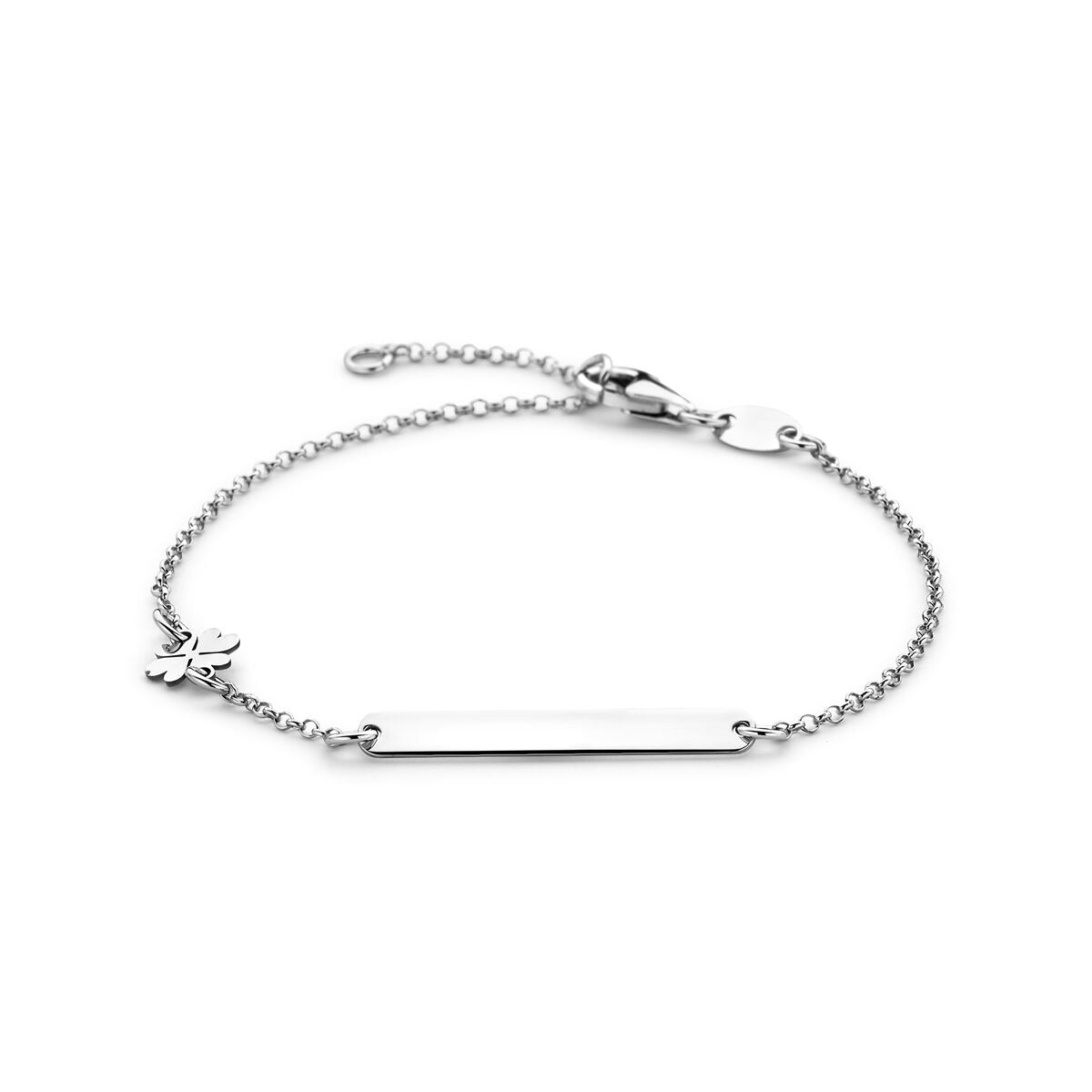 Bracciale in argento rodiato da donna con placca per incisione e quadrifoglio.