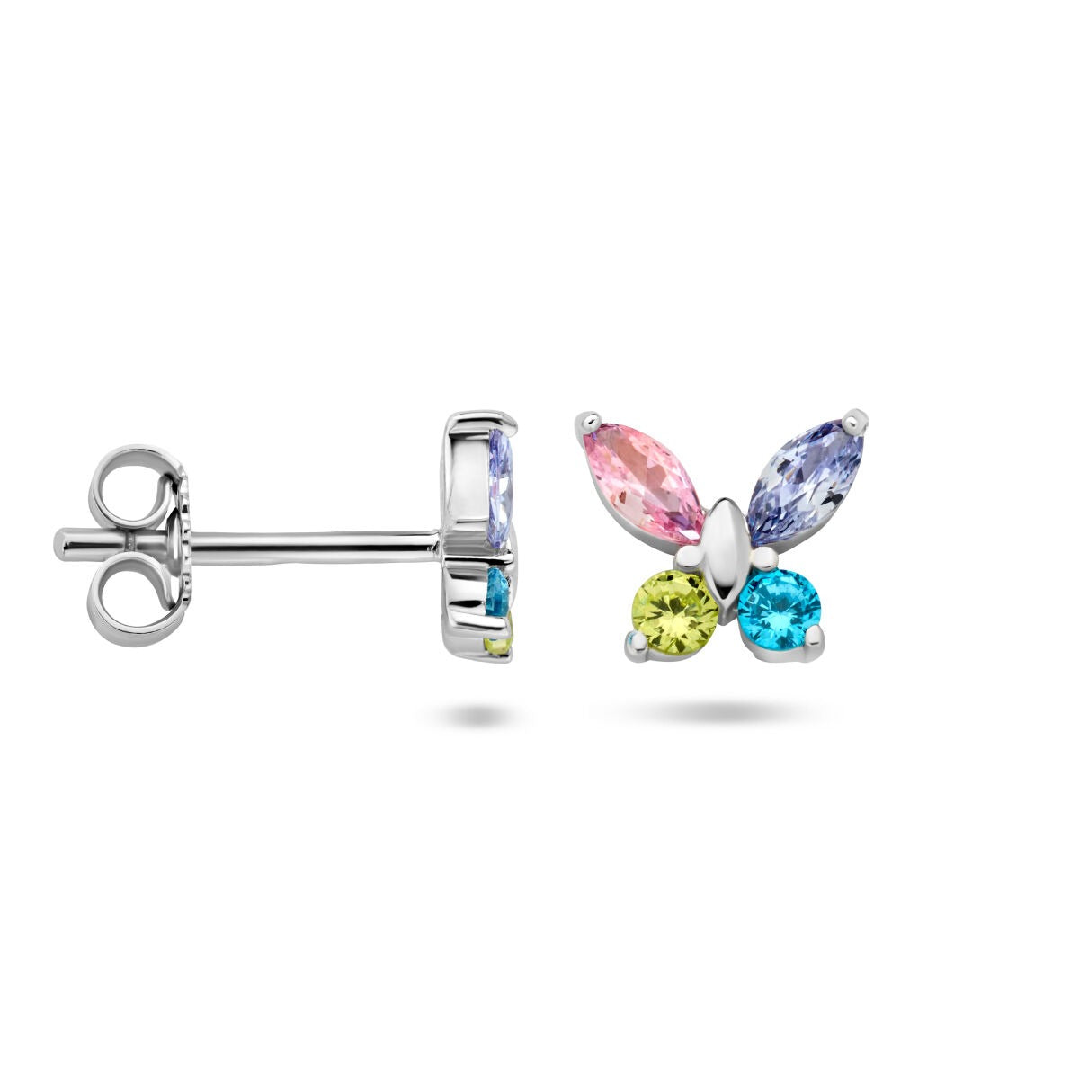 Orecchini a bottone farfalla in argento con zirconia colorata – gioiello allegro per bambini
