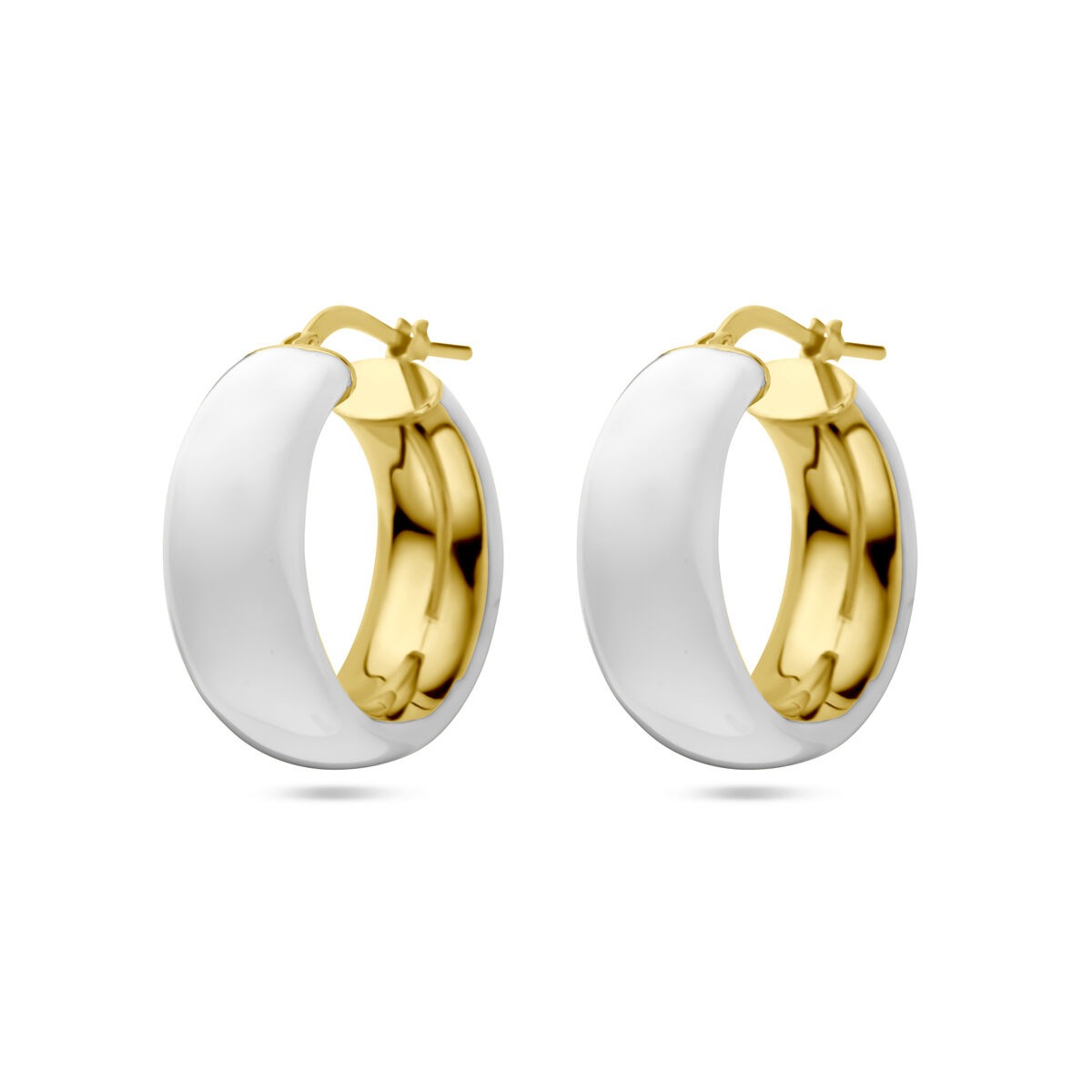 Orecchini alla creola in argento placcato oro giallo con smalto bianco.