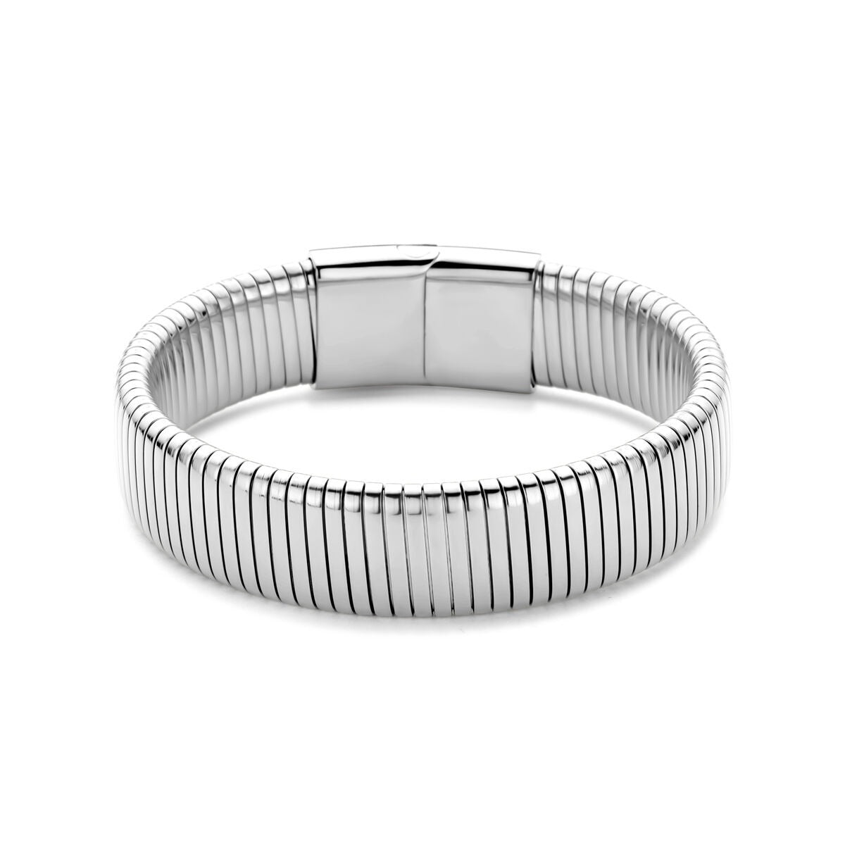 Bracciale da donna in acciaio, color argento, largo 15 mm e lungo 18,5 cm.