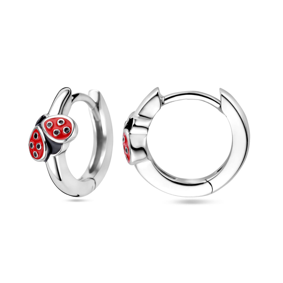 Orecchini a cerchio in argento a forma di coccinella con smalto