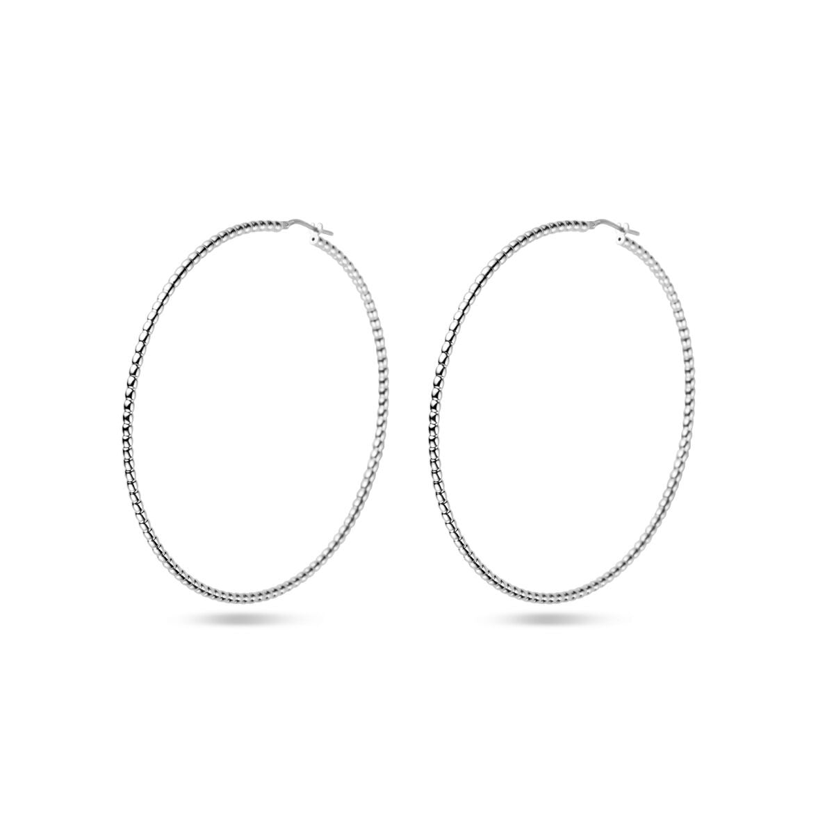 Orecchini alla creola in argento 925 rodiato, diametro di 75 mm.