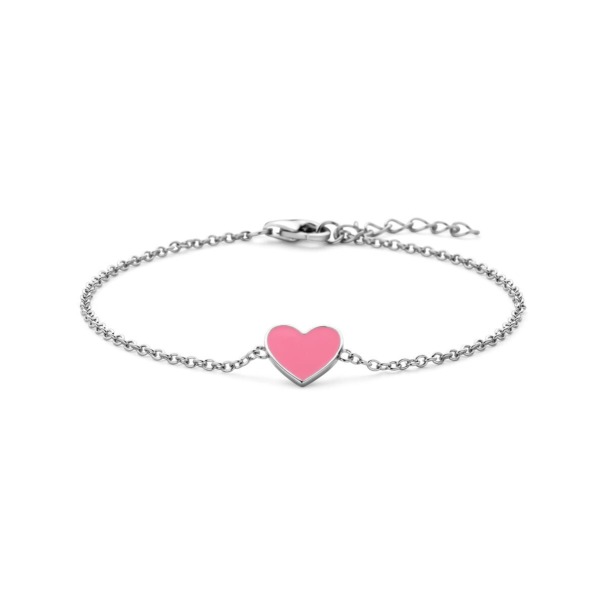 Bracciale in argento 925 con cuore in smalto rosa, finitura rodiata.