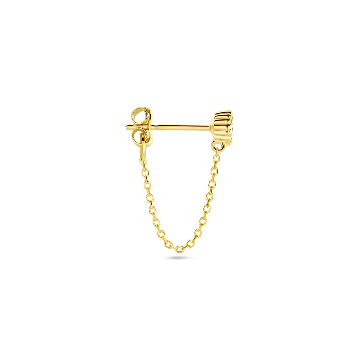 Orecchino in oro giallo 14k con zirconi, design semplice con catena decorativa.