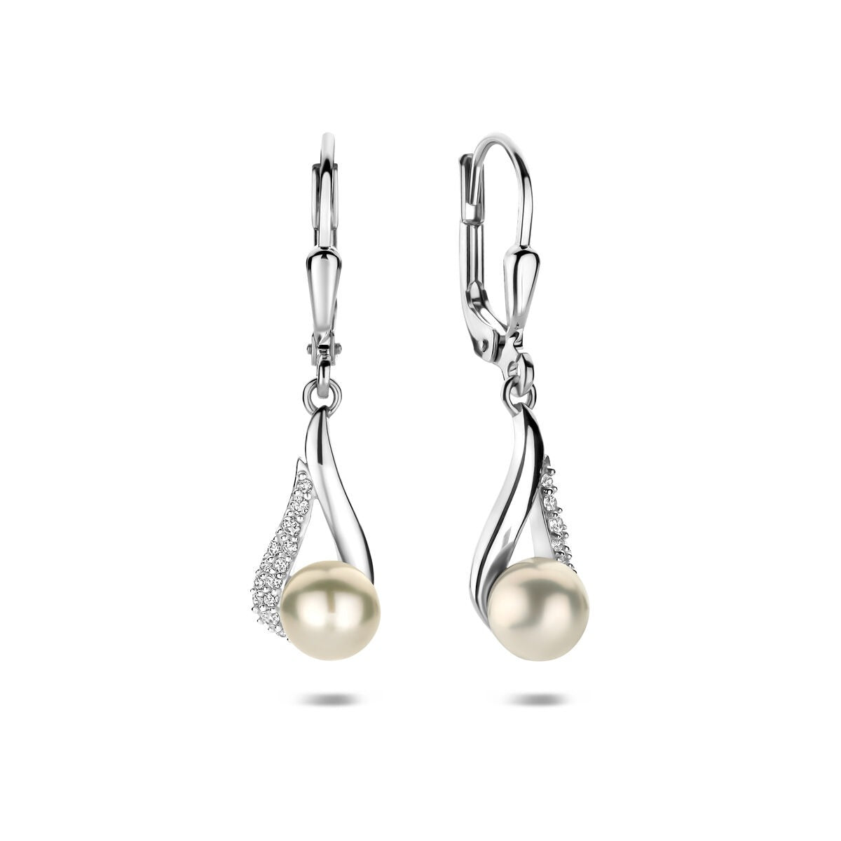 Orecchini pendenti in argento con perla e zircone – argento 925 rodiato 30 mm