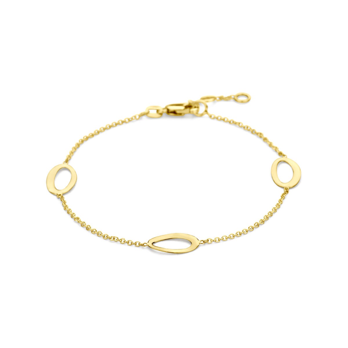 Bracciale in oro giallo 14k con elementi ovali, caratterizzato da una delicata catena.