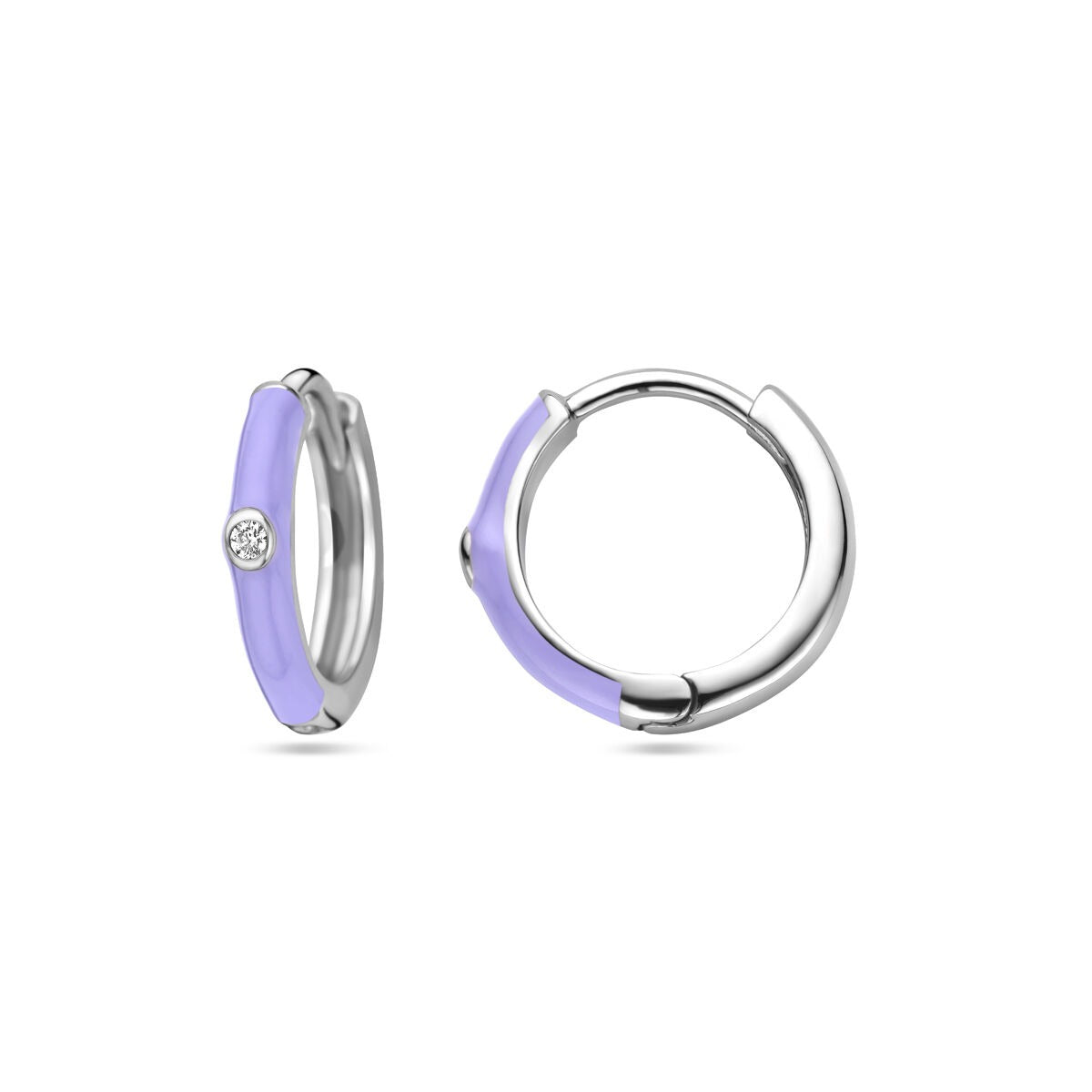Orecchini a cerchio da donna con zircone e smalto viola – rodiato 15 mm