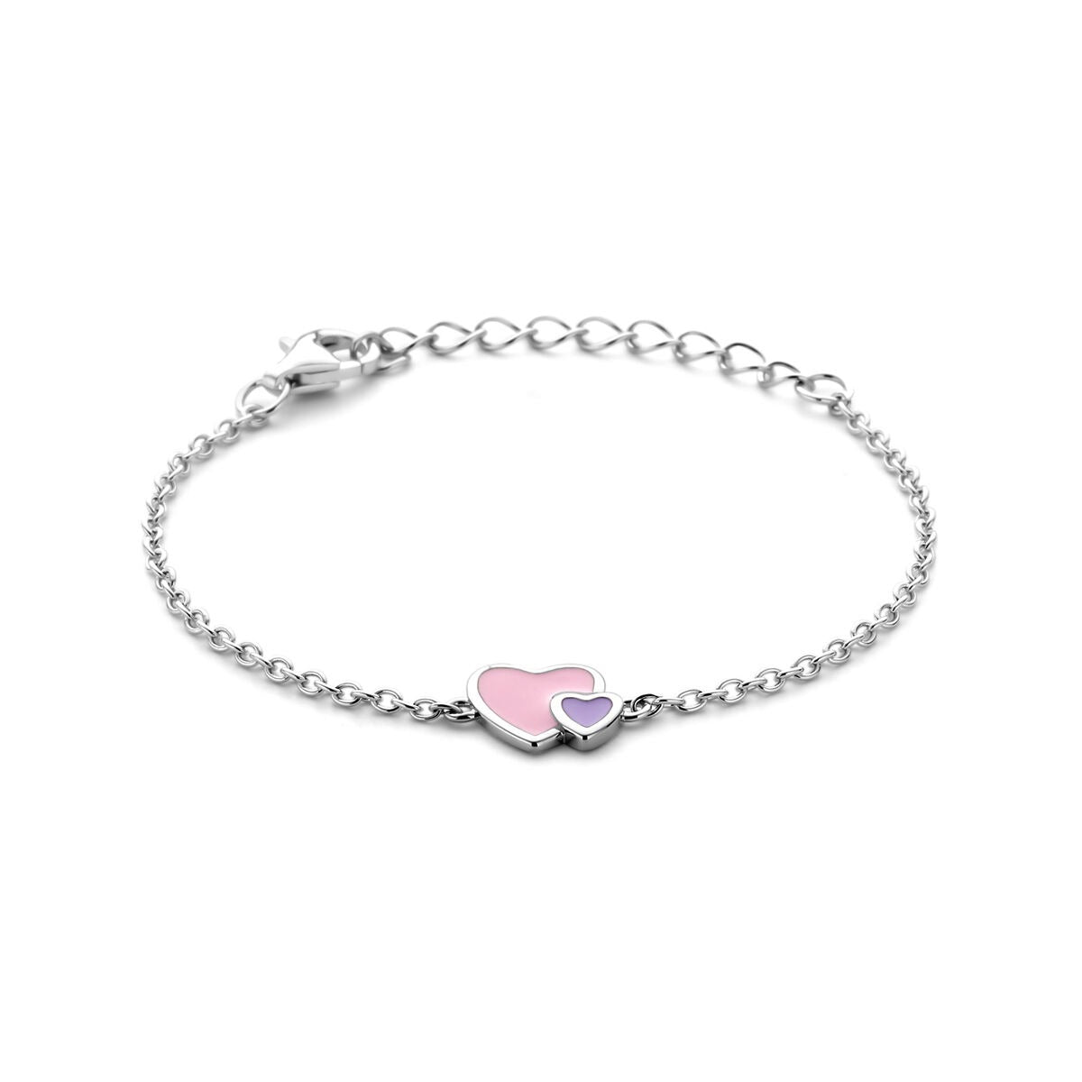 Bracciale per bambini in argento 925 rodiato con cuori rosa e lilla.