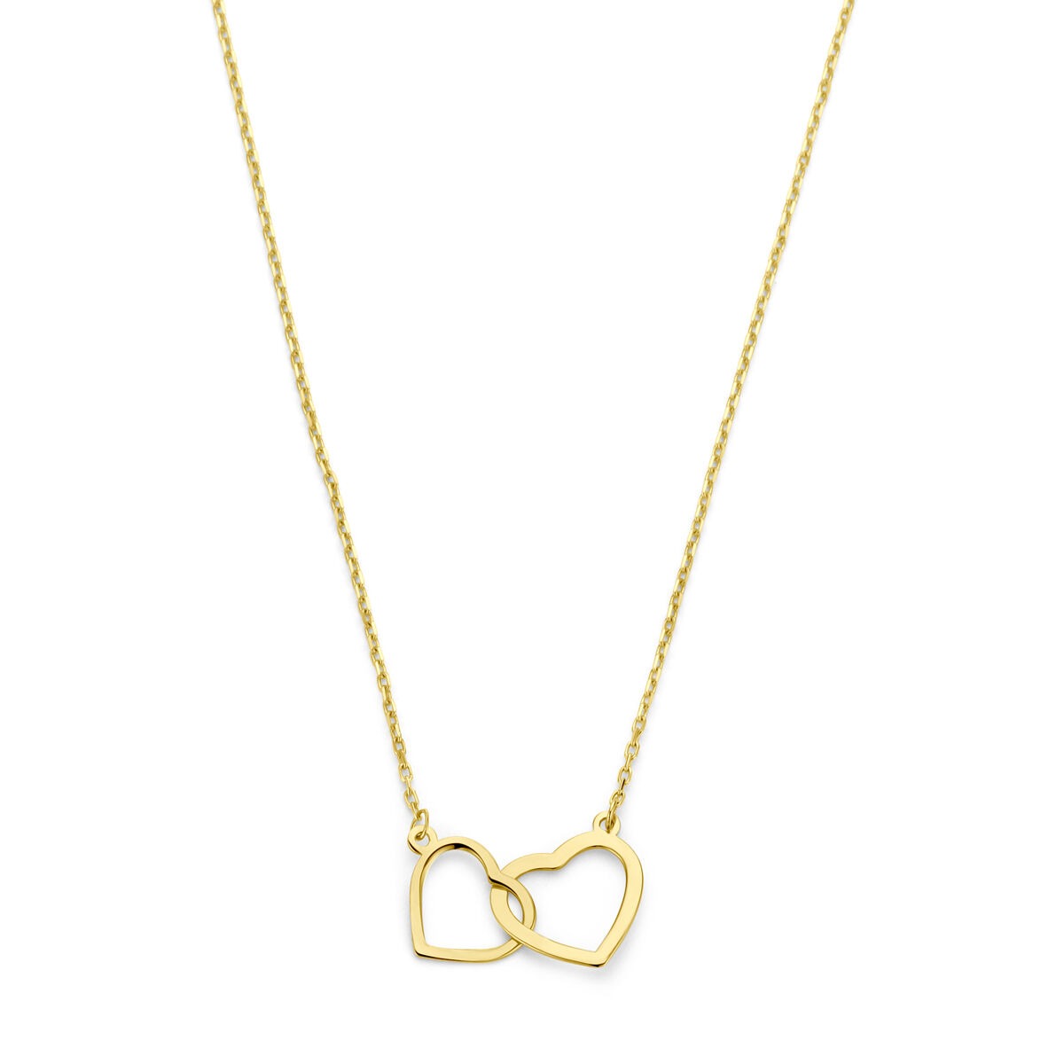 Collana in oro 14k con due cuori intrecciati, lunghezza 45 cm.