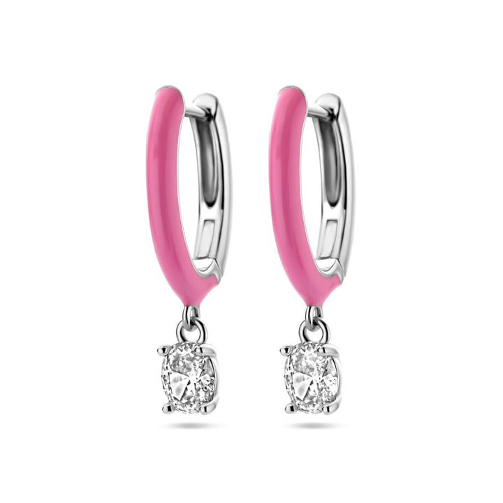 Zilveren klapoorringen met zirkonia en roze emaille – gerhodineerd 925 zilver