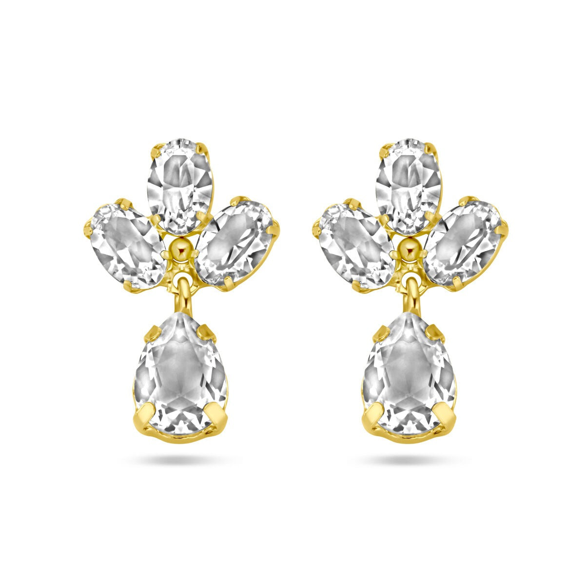 Orecchini in argento 925 placcato oro giallo con cristalli Swarovski, forma a croce con dettagli a goccia.