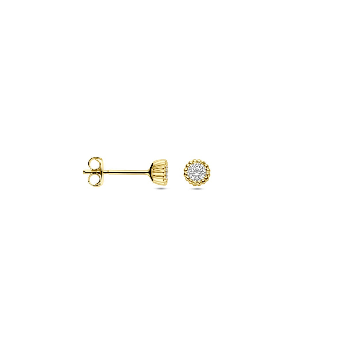 Orecchini a bottone da donna in oro giallo 14k con zirconia a castone