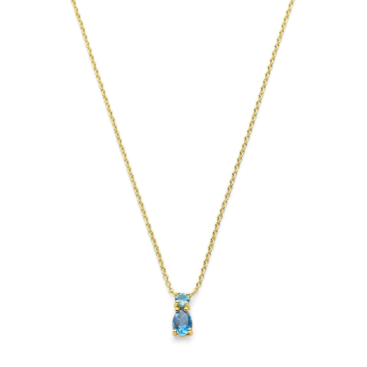Collana in oro giallo 14k con topazi sky blue e London blue, design semplice e raffinato.