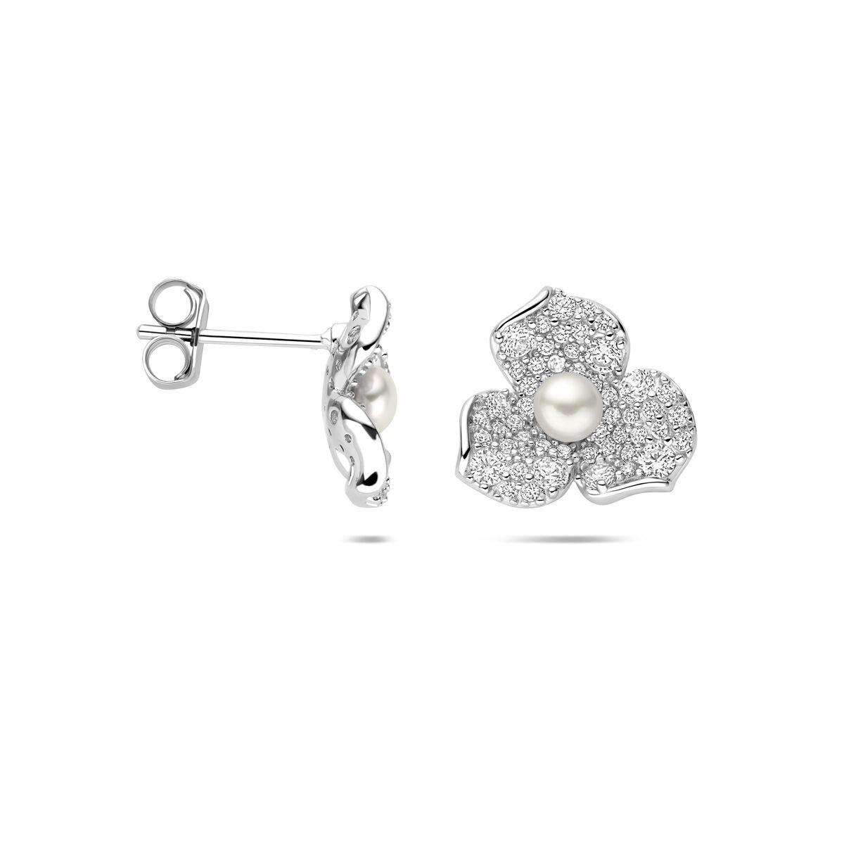 Orecchini a lobo in argento con motivo floreale, zircone e perla – argento 925 rodiato