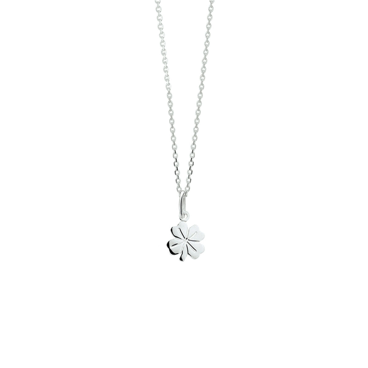 Collana in argento con ciondolo a forma di quadrifoglio e maglia rolò.