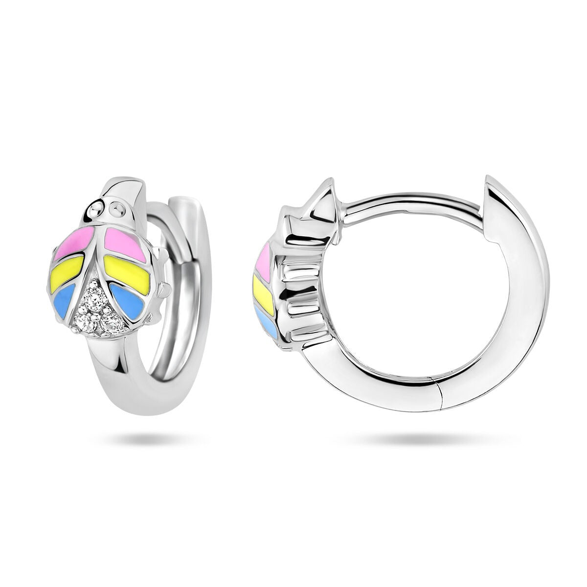 Orecchini a cerchio da bambina in argento con coccinella e zirconia – argento 925 rodiato