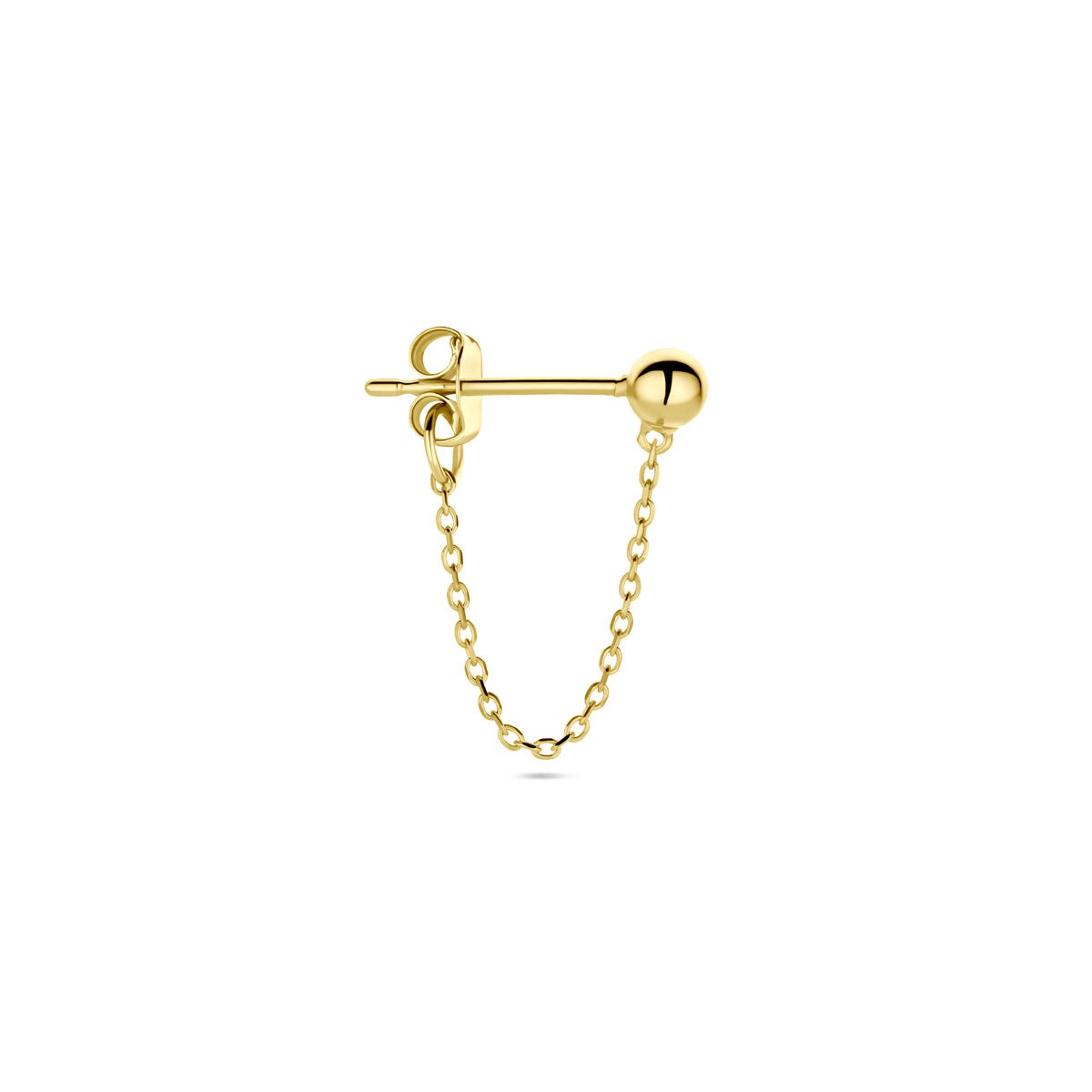 Orecchino in oro giallo 14k con pallina e catena, venduto singolarmente.