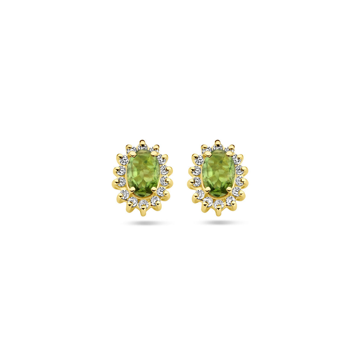 Orecchini in oro giallo 14k con tormalina verde e diamanti, forma ovale con dettagli floreali.