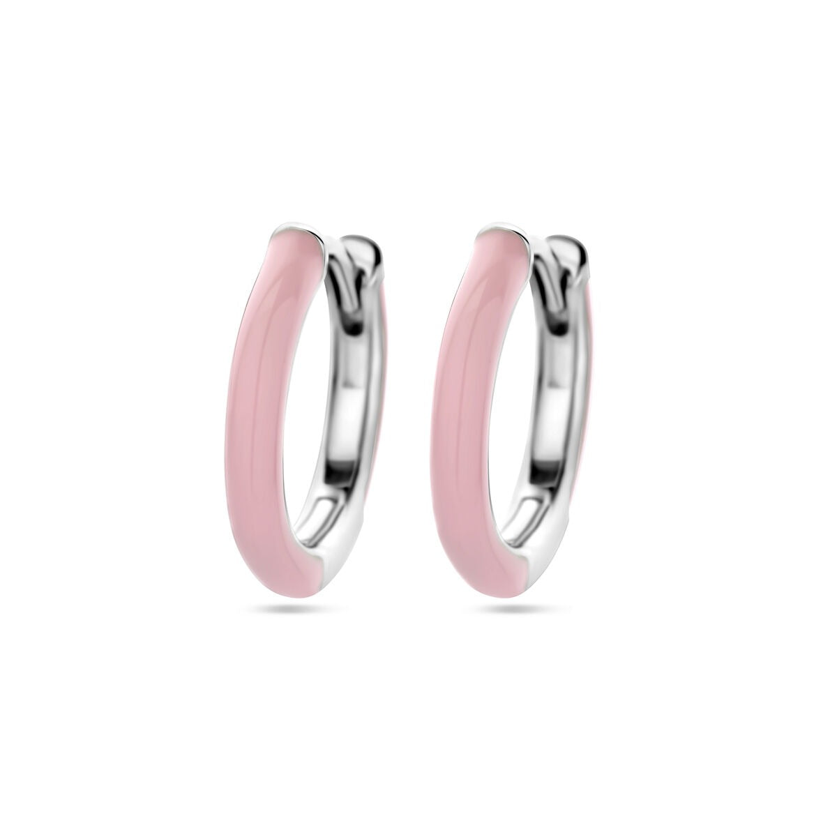 Orecchini alla creola in argento rodiato con smalto rosa.